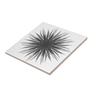 Black And Gray Circular Spray Of Feathered Leaves  Ceramic Tile