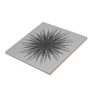 Black And Gray Circular Spray Of Feathered Leaves  Ceramic Tile