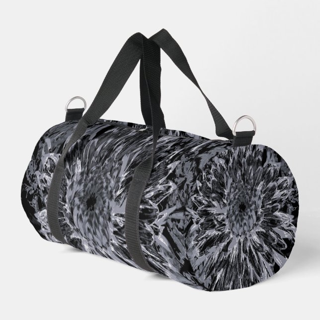 Black and Gray Dahlia Flower Duffle Bag (Left Corner)