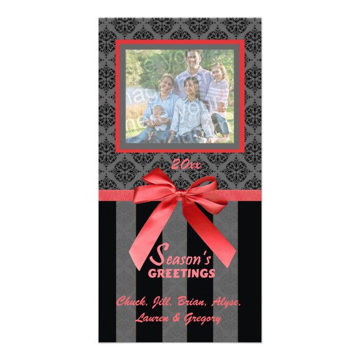 Black And Gray Damask Red Ribbon Photo Card