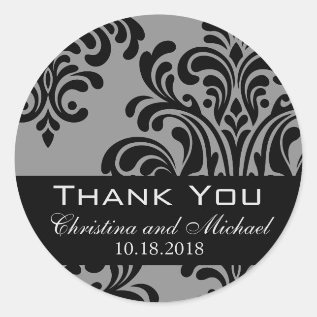 Black and Gray Damask Wedding Thank You Classic Round Sticker (Front)