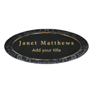 Black and Gray Damask with Gold Trim Design Name Tag
