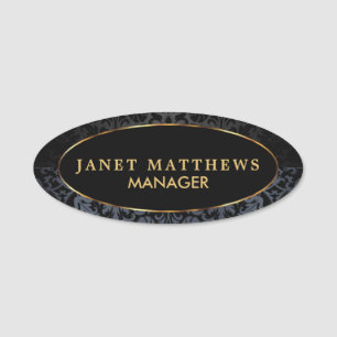 Black and Gray Damask with Gold Trim Design Name Tag