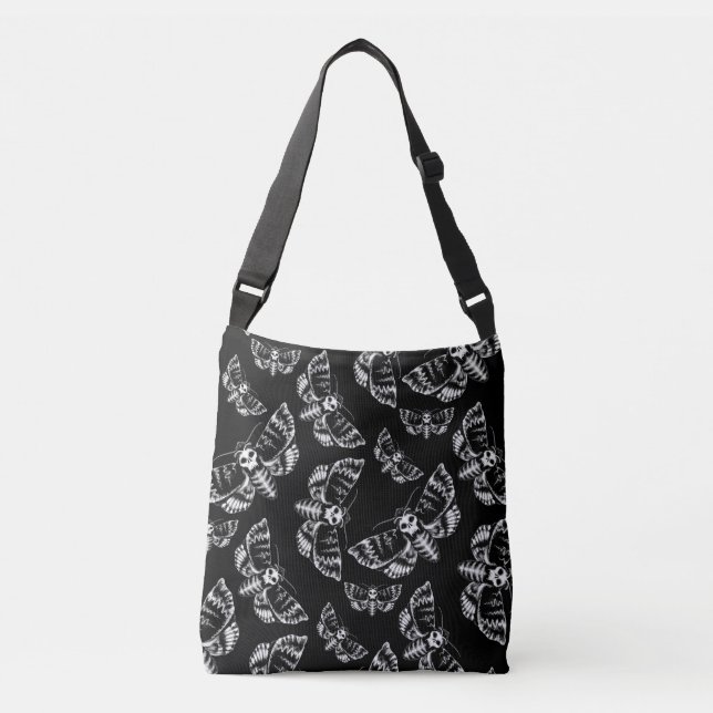 Black and Gray Deaths Head Hawk Moth Gothic Skull Crossbody Bag (Front)