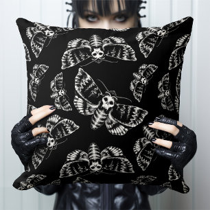 Black and Gray Deaths Head Hawk Moth Gothic Skull Throw Pillow