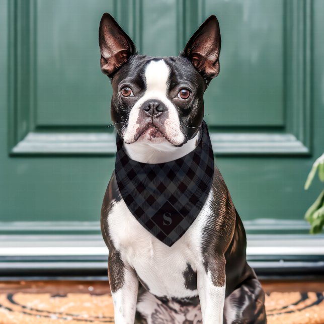 Black And Gray Diagonal Buffalo Plaid Monogram Pet Bandana Collar (Creator Uploaded)