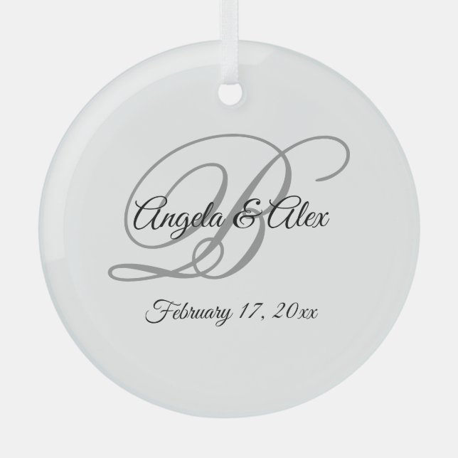 Black and Gray Fancy Script Monogram Glass Ornament (Front)