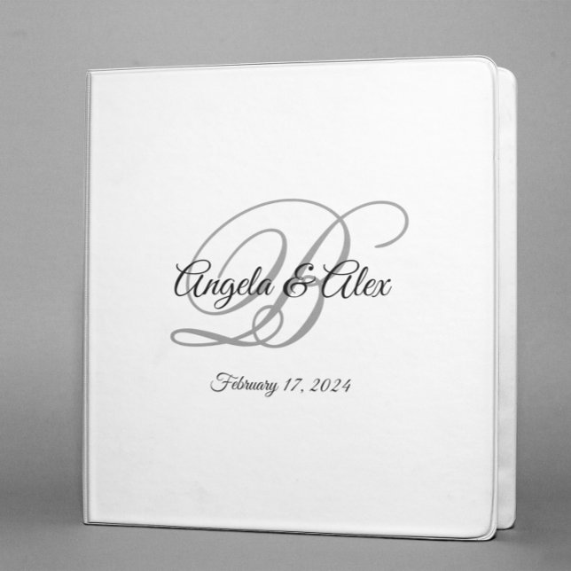 Black and Gray Fancy Script Monogram White 3 Ring Binder (Creator Uploaded)