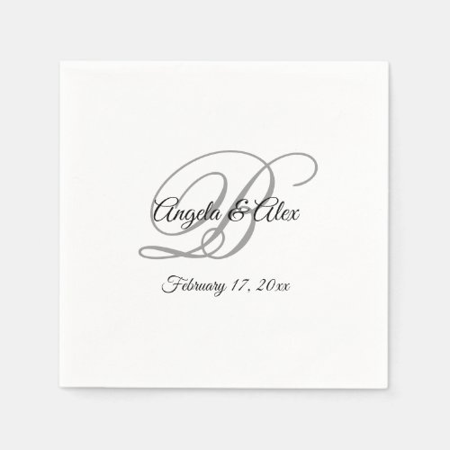 Black and Gray Fancy Script Monogram White Napkins