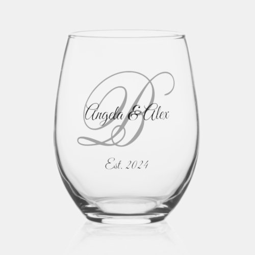 Black and Gray Fancy Script Monogrammed Stemless Wine Glass