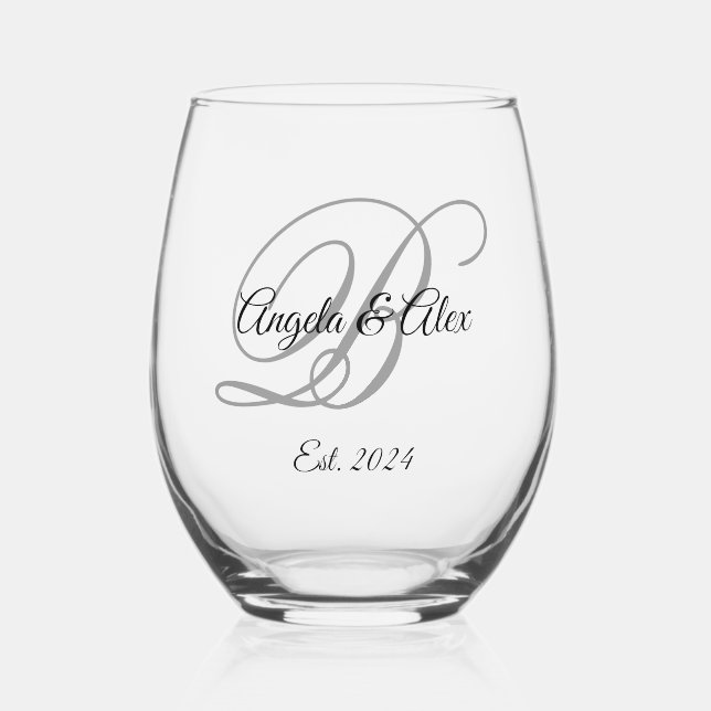 Black and Gray Fancy Script Monogrammed Stemless Wine Glass (Front)