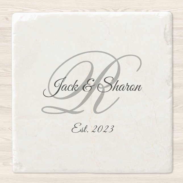 Black and Gray Fancy Script Monogrammed Stone Coaster (Creator Uploaded)