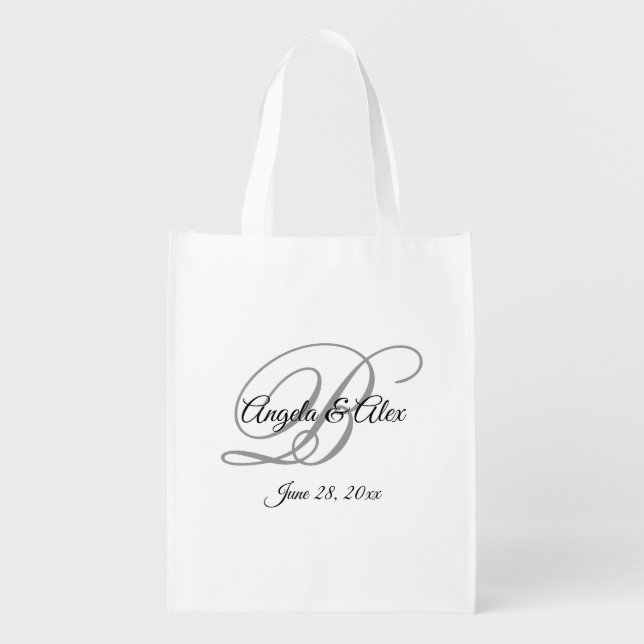 Black and Gray Fancy Script Wedding Monogram Grocery Bag (Front)
