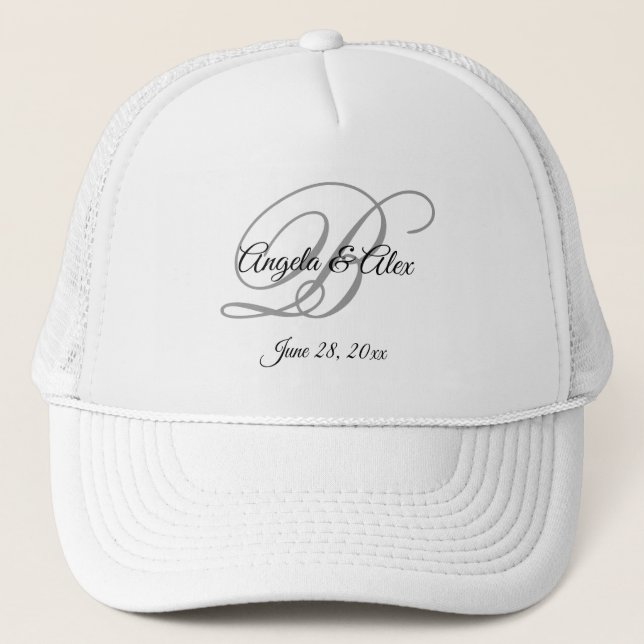 Black and Gray Fancy Script Wedding Monogram Trucker Hat (Front)