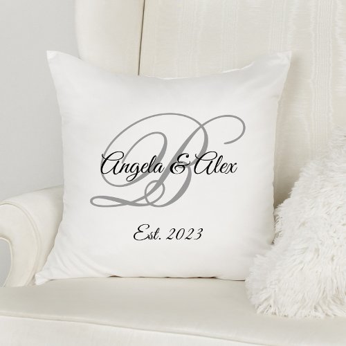 Black and Gray Fancy Wedding Anniversary Monogram Throw Pillow