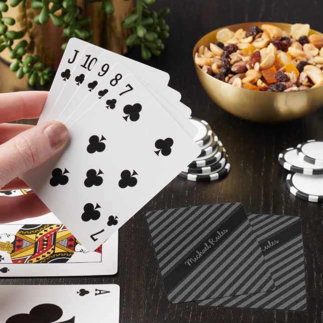 Black and Gray Faux Glitter Diagonal Stripes Name Poker Cards (In Situ)