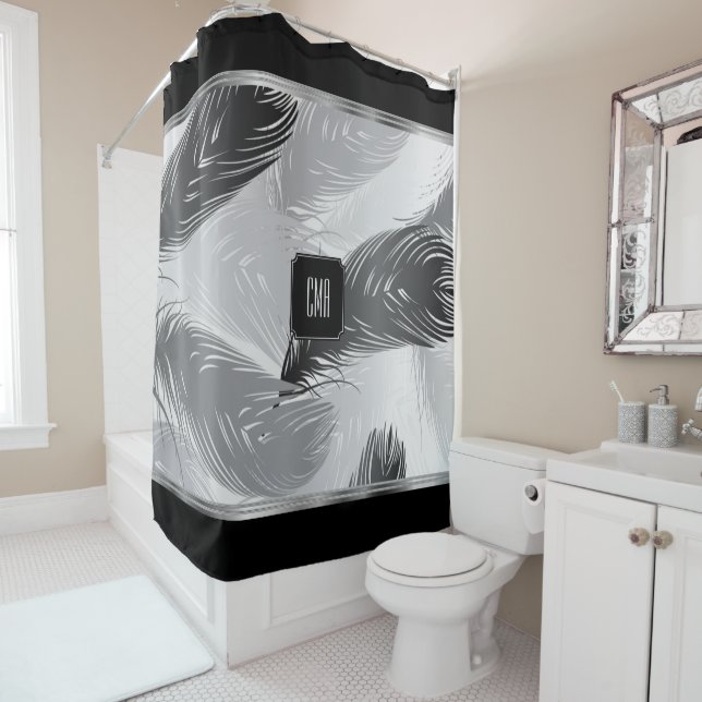 Black and Gray Feather Pattern with Monogram Shower Curtain (In Situ)
