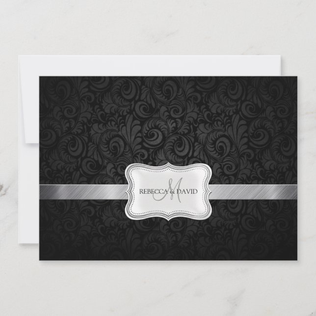 Black and Gray Floral Damask Wedding invites (Front)