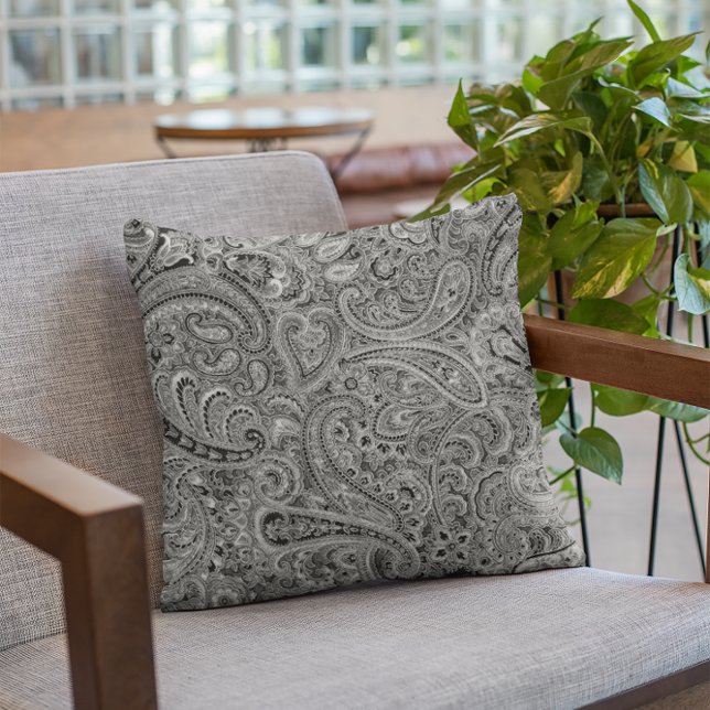 Black and Gray Floral Paisley Pattern Throw Pillow (Creator Uploaded)