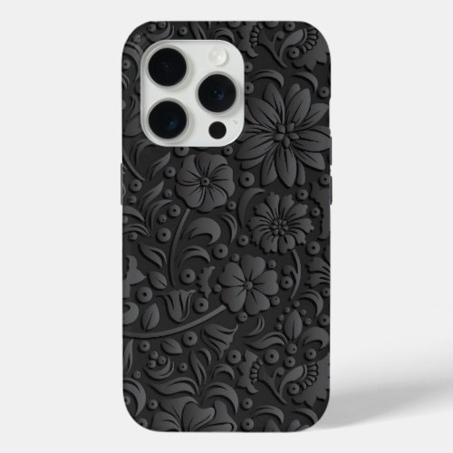Black and gray floral pattern embossed look iPhone 15 pro case