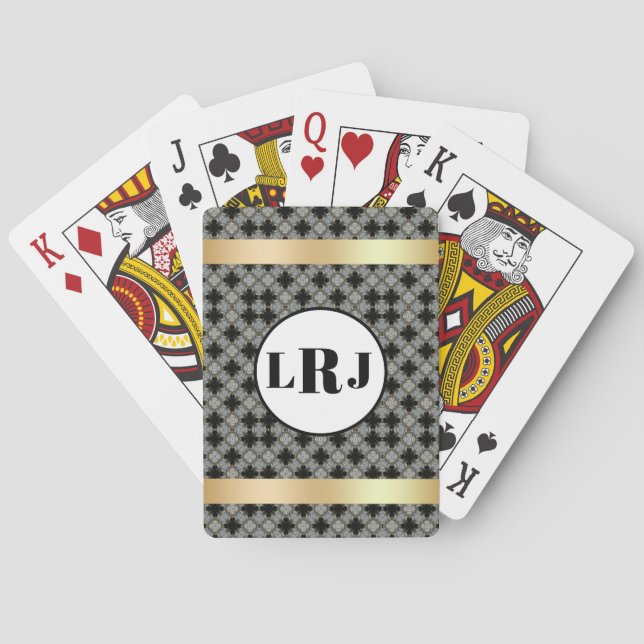 Black And Gray Floral Pattern With Monogram Poker Cards (Back)