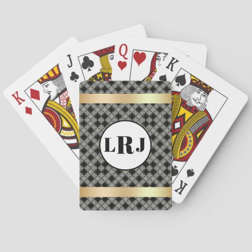 Black And Gray Floral Pattern With Monogram Poker Cards