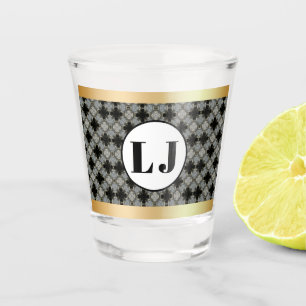 Black And Gray Floral Pattern With Monogram Shot Glass