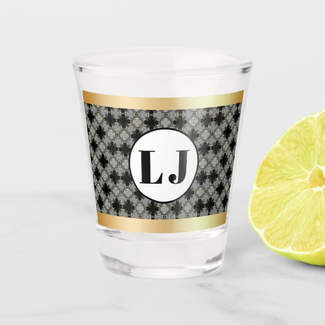 Black And Gray Floral Pattern With Monogram Shot Glass (Front)
