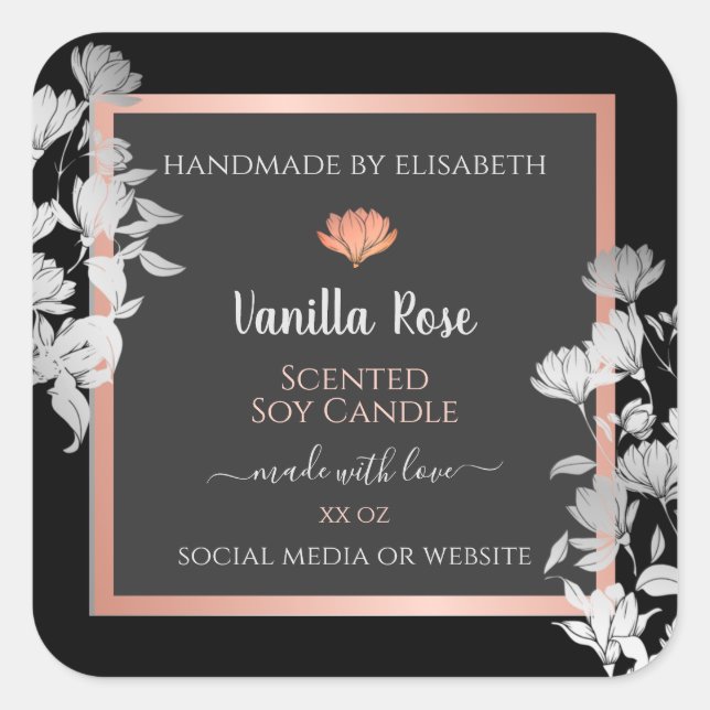 Black and Gray Floral Product Packaging Labels (Front)