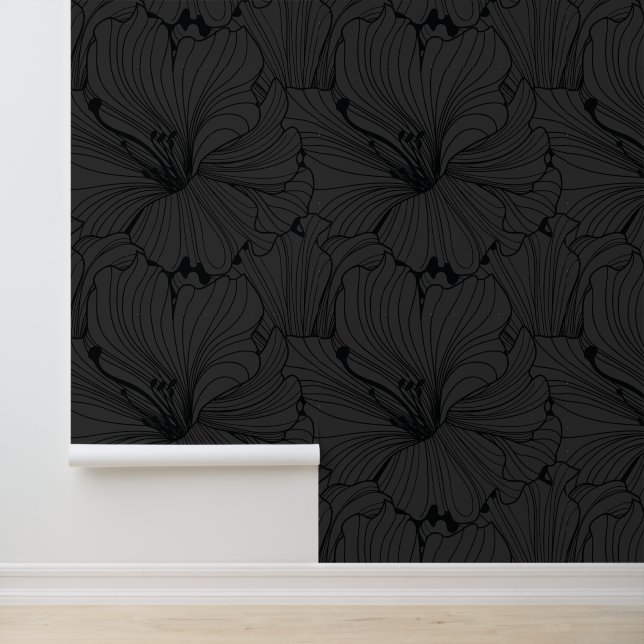 Black and gray floral tile pattern wallpaper  (Application)
