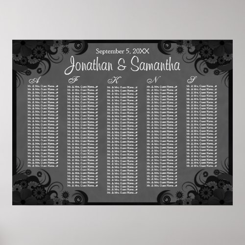 Black and Gray Floral Wedding Table Seating Charts