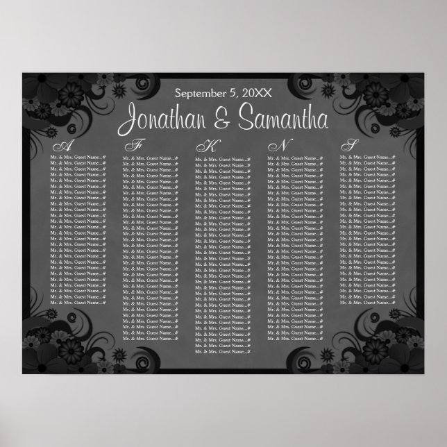 Black and Gray Floral Wedding Table Seating Charts (Front)