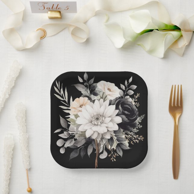 Black and Gray Flowers  Paper Plates (Wedding)