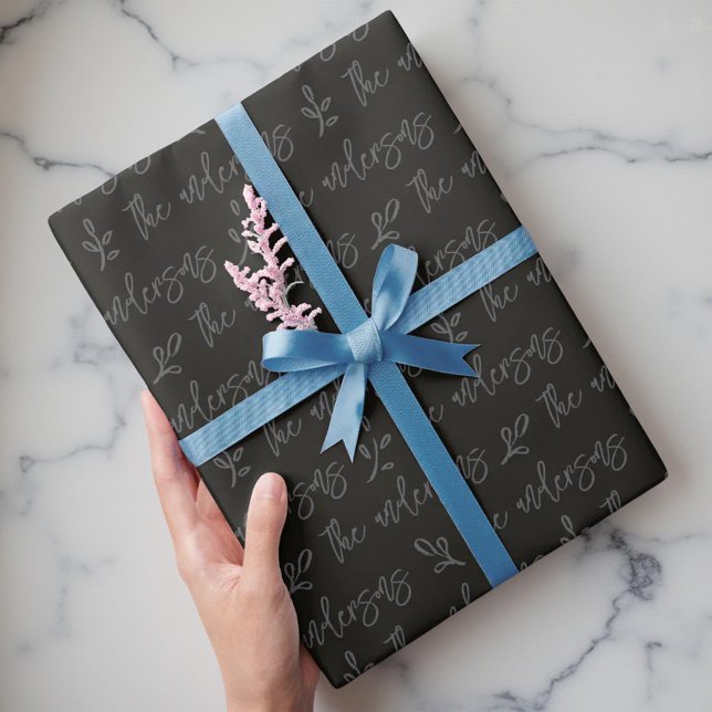 Black and Gray Foliage Your Family Name Christmas Wrapping Paper (Creator Uploaded)