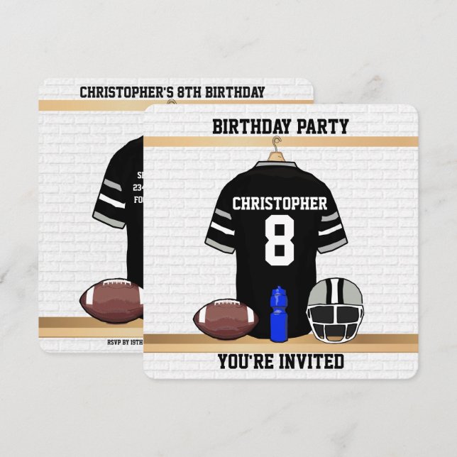 Black and Gray Football Jersey Birthday Party Invitation (Front/Back)
