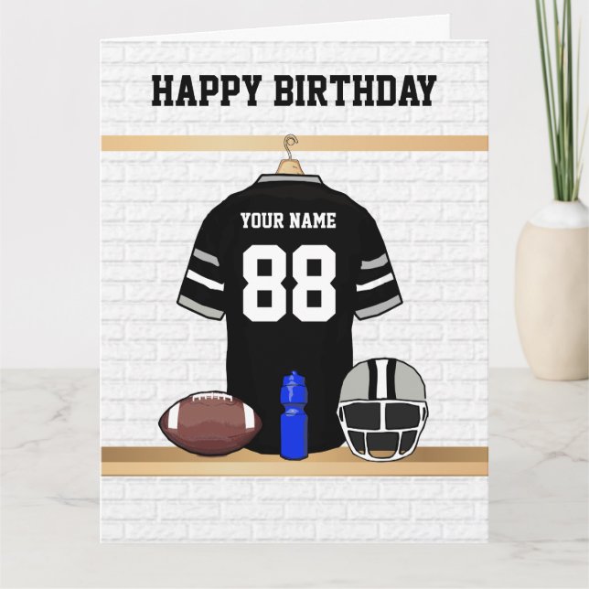 Black and Gray Football Jersey Happy Birthday Card (Front)