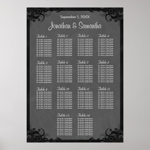 Black and Gray Goth 14 Wedding Table Seating Chart