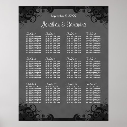 Black and Gray Goth Wedding 12 Table Seating Chart