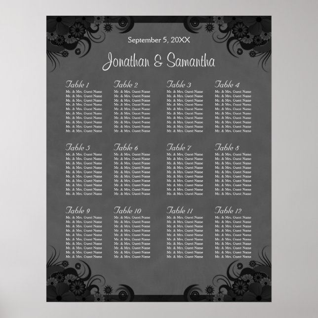 Black and Gray Goth Wedding 12 Table Seating Chart (Front)