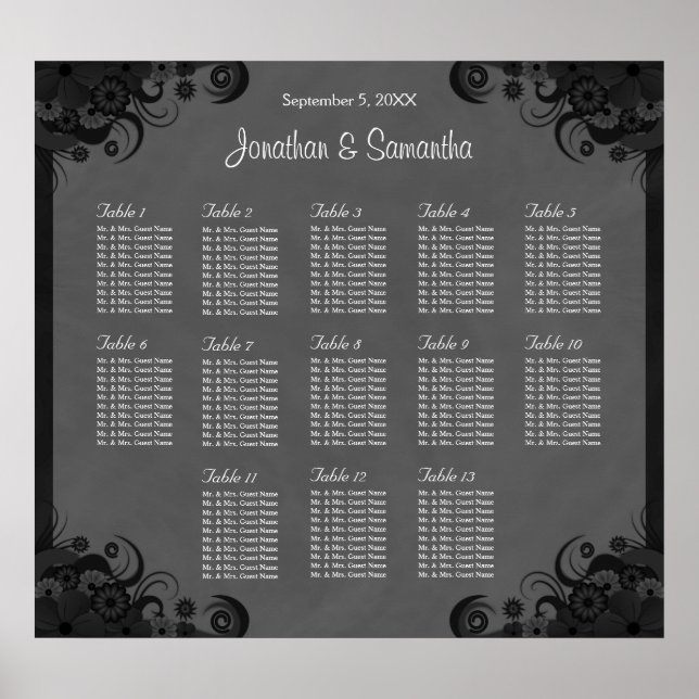Black and Gray Goth Wedding 13 Table Seating Chart (Front)