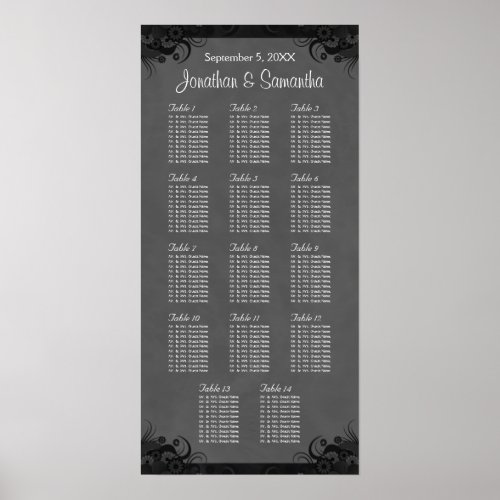 Black and Gray Goth Wedding 14 Table Seating Chart