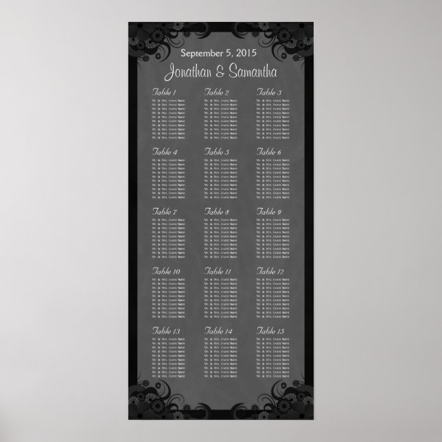 Black and Gray Goth Wedding 15 Table Seating Chart (Front)
