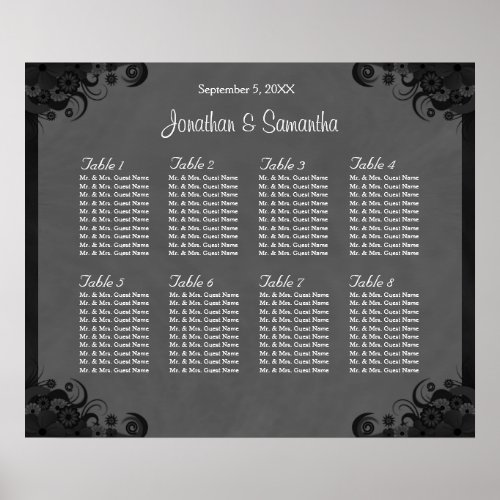 Black and Gray Goth Wedding 8 Tables Seating Chart