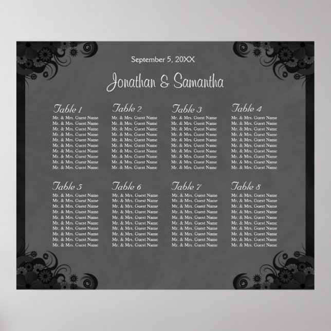 Black and Gray Goth Wedding 8 Tables Seating Chart (Front)
