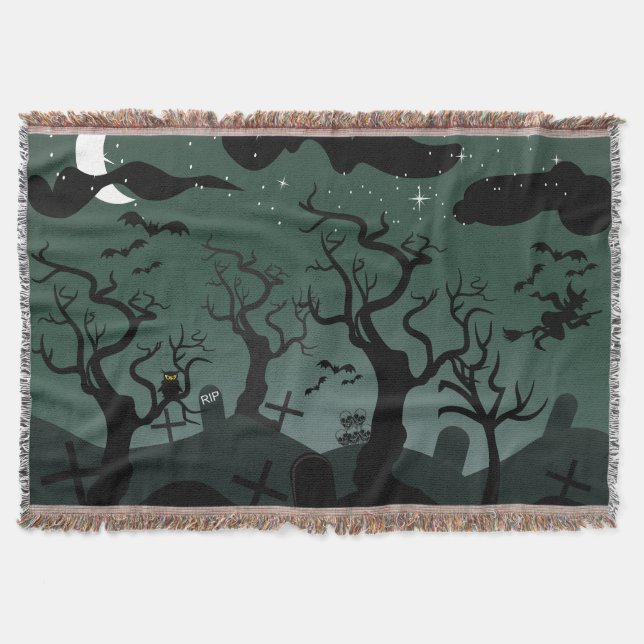 Black and gray graveyard, spooky trees Halloween Throw Blanket (Front)
