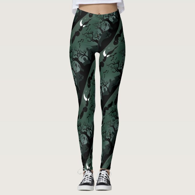 Black and gray Halloween graveyard scenery Leggings (Front)