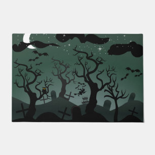 Black and gray haunted graveyard Halloween Doormat
