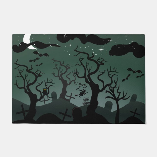 Black and gray haunted graveyard Halloween Doormat (Front)