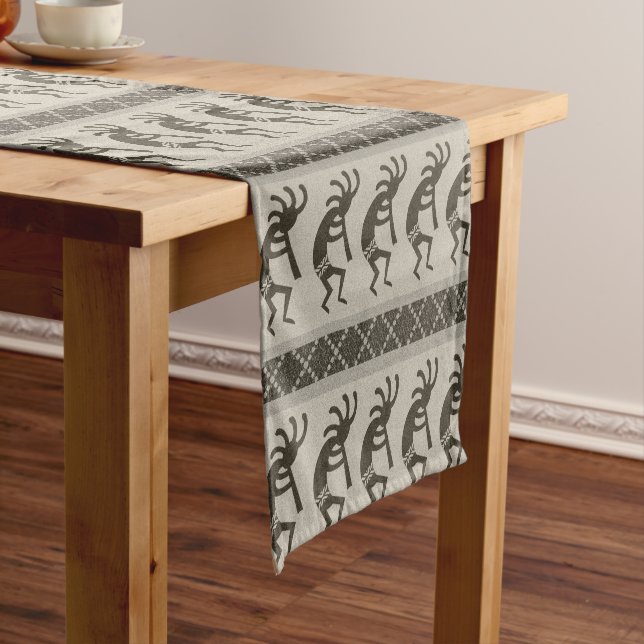Black And Gray Kokopelli Aztec Pattern Short Table Runner (In Situ)