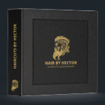 Black and Gray Leather Texture Gold Haircut Logo 3 Ring Binder<br><div class="desc">Simple black and gray vintage leather texture image with gold man's haircut logo illustration. Frame accent.
Other justice logos are available. Replace the current logo with yours,  or keep it as is.
Customizable text on the front,  back,  and spine in matching gold tones from the scale.</div>
